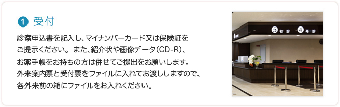 1 受付 診察申込書を記入し、マイナンバーカード又は保険証をご提示ください。また、紹介状や画像データ（CD-R）、お薬手帳をお持ちの方は併せてご提出をお願いします。外来案内票と受付票をファイルに入れてお渡ししますので、各外来前の箱にファイルをお入れください。
